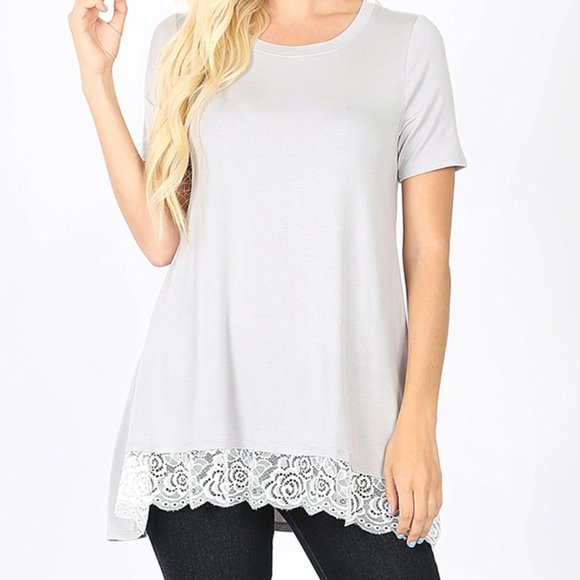 Short Sleeve Lace Hem Tee - Crew Neck GREY MIST π₯π₯2 x $20